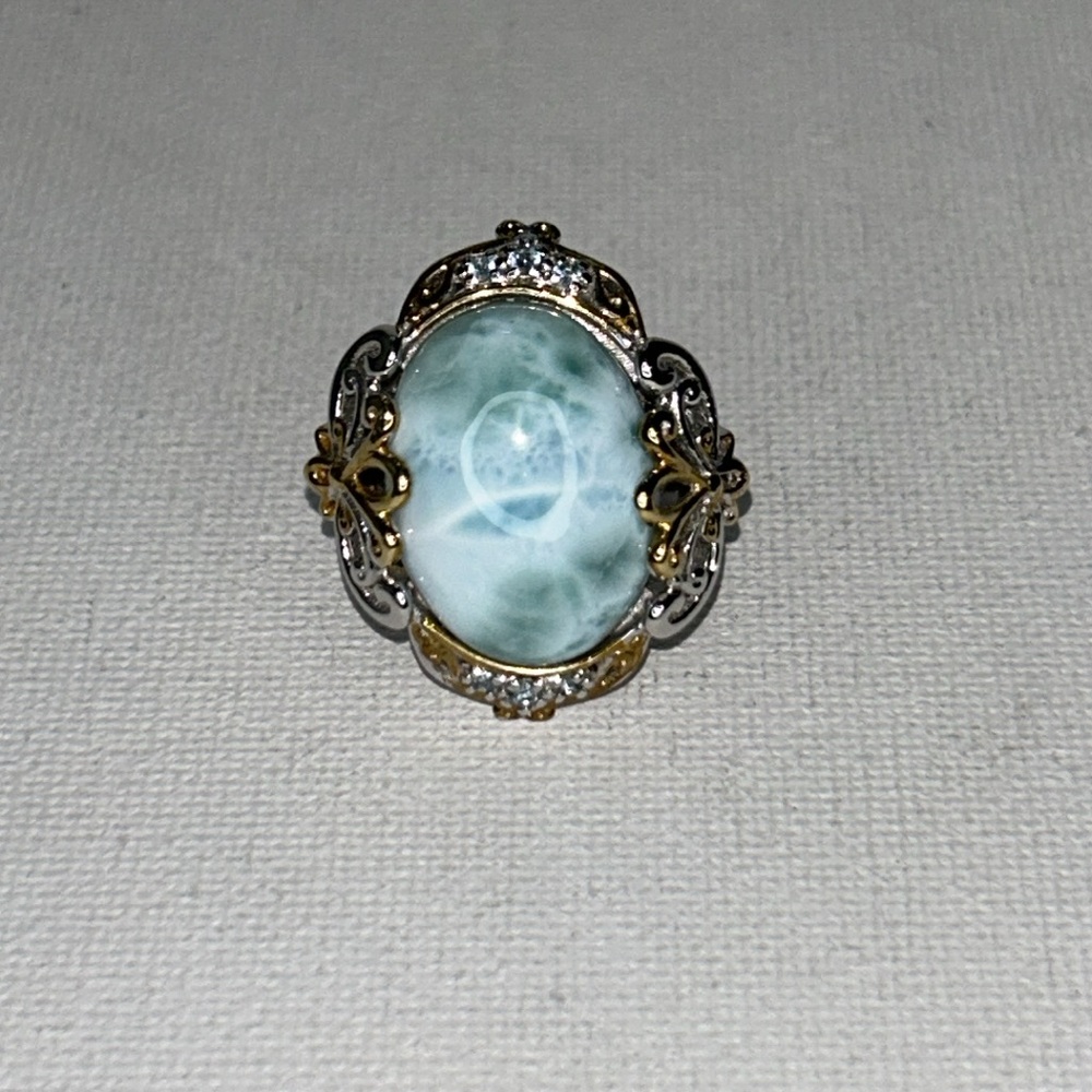 Gems en Vogue Sterling 18K Accent Genuine Larimar Blue Topaz Gemstone Ring Boho - Picture 3 of 12